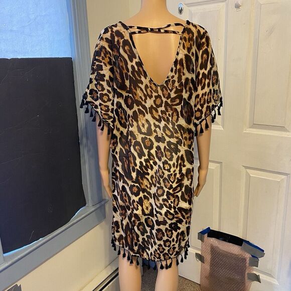 Y2K Lildy Brown Women L-XL Animal Print Fringe Silky CoverUp Top Blouse MeshBoho - Picture 7 of 7